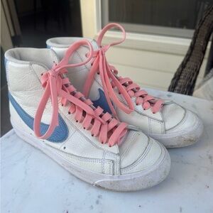 Nike Blazers White and Blue Athletic Shoes with Pink Laces